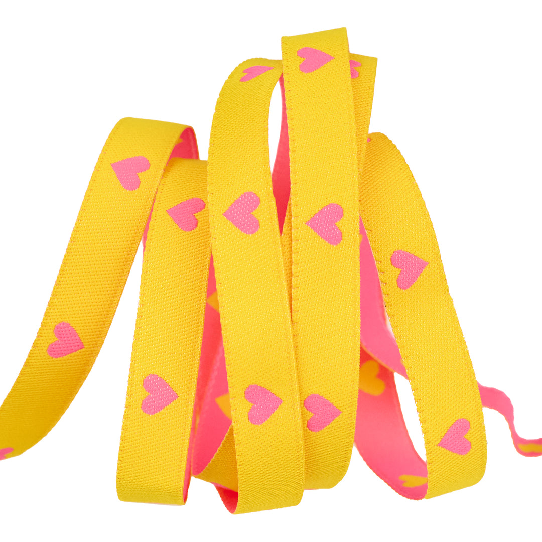 Hearts and Sparks - Hearts in Neon Pink/Yellow - 3/8" width - by Melody Miller - 15 Yard Spool