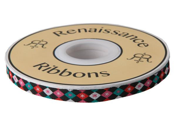 Argyle and Stars on Black - 3/8" width - by Jessica Jones - 27 Yard Spool