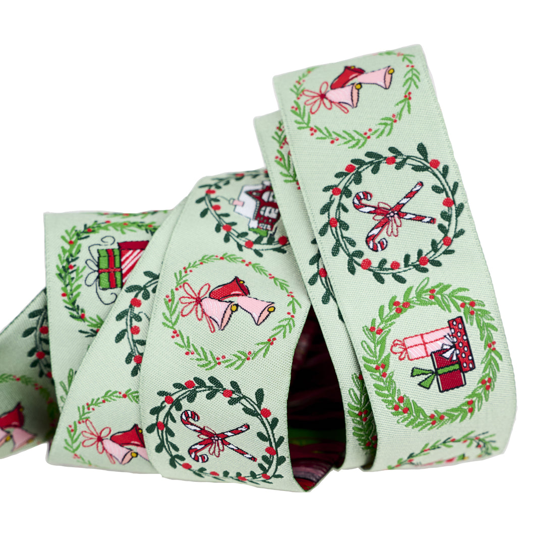 Mistletoe and Holly - Mistletoe Wreaths - 1-1/2" width - by Beverly McCullough - 15 Yard Spool