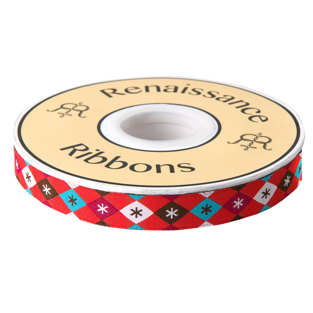 Argyle and Stars on Red - 3/8" width - by Jessica Jones - 27 Yard Spool
