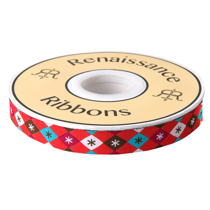 Argyle and Stars on Red - 3/8" width - by Jessica Jones - 27 Yard Spool