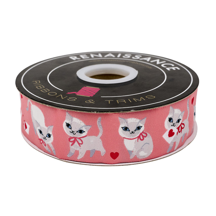 Funny Valentine - Sweet Kitten in Pink - 1-1/2" width - by Lizzy House - 15 Yard Spool