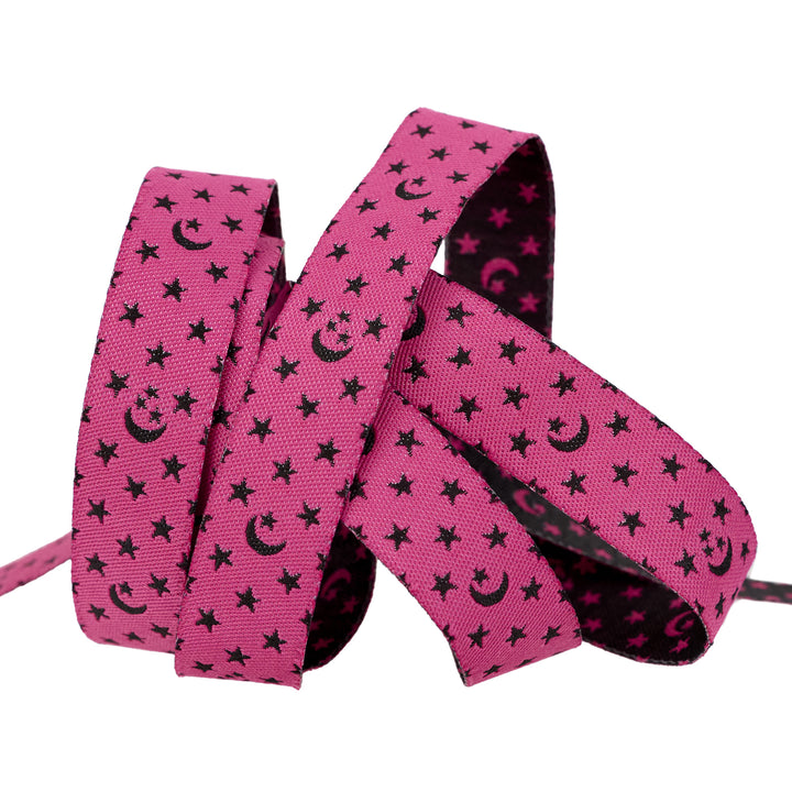 Ooh Lucky Lucky - Moon and Stars in Hot Pink - 5/8" width - by Alexia Abegg - 15 Yard Spool