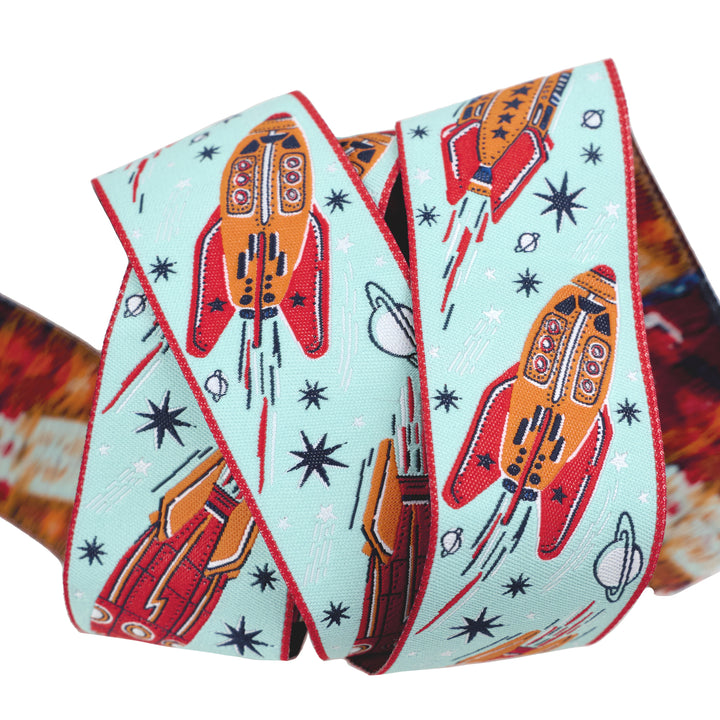 3, 2, 1... Blastoff - Retro Rocket in Blue Nebula 1-1/2" - by Stacy Iest Hsu - 15 Yard Spool