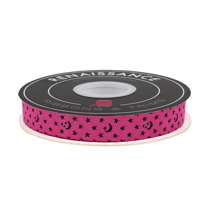Ooh Lucky Lucky - Moon and Stars in Hot Pink - 5/8" width - by Alexia Abegg - 15 Yard Spool