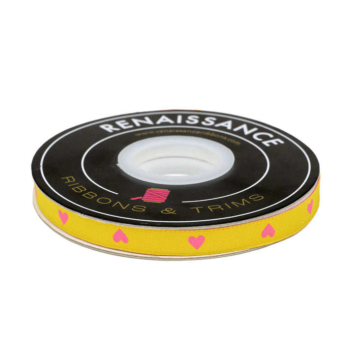 Hearts and Sparks - Hearts in Neon Pink/Yellow - 3/8" width - by Melody Miller - 15 Yard Spool