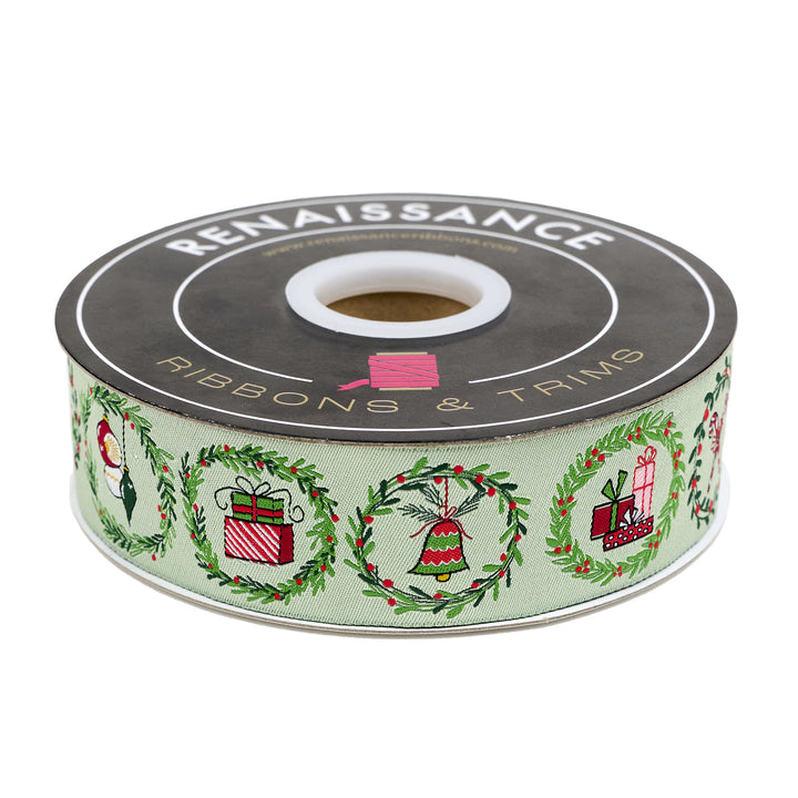 Mistletoe and Holly - Mistletoe Wreaths - 1-1/2" width - by Beverly McCullough - 15 Yard Spool