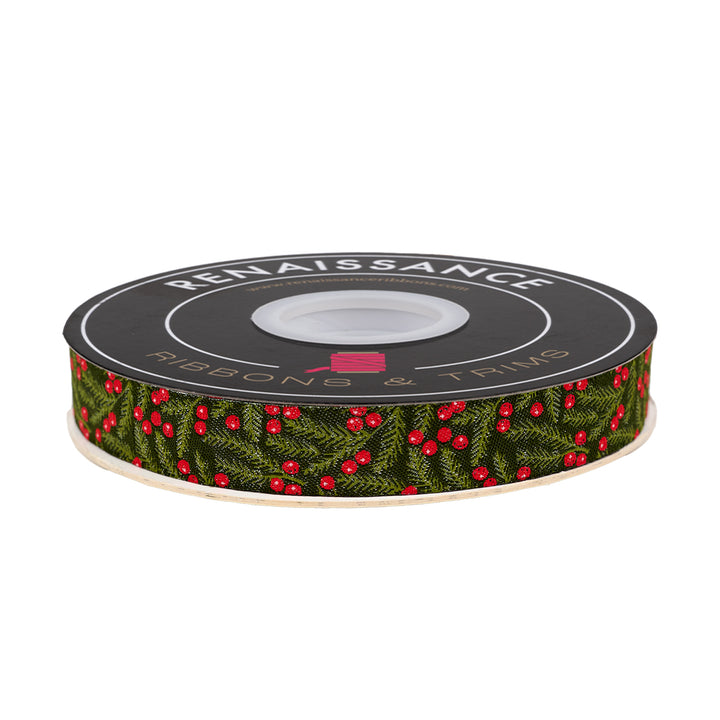 Berry and Pine - Pine Needles in Forest - 5/8" width - by Lella Boutique - 15 Yard Spool