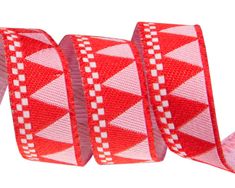 Red triangles and checkerboard 5/8"  woven jacquard ribbon