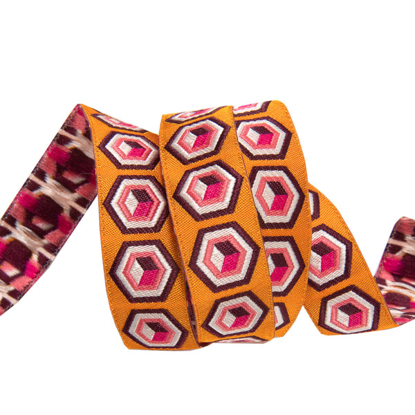 Hexagon Ribbon Trim Orange & Pink 7/8"-Tula Pink vintage