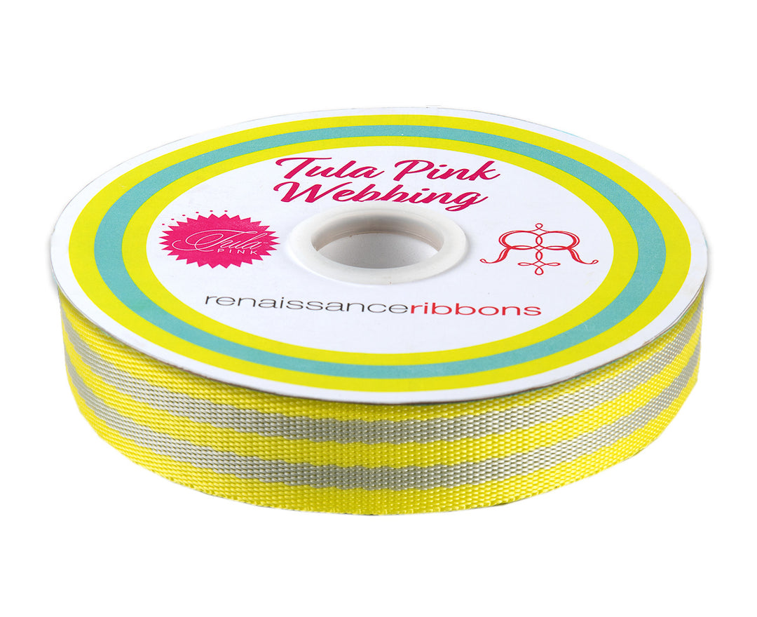 Grey/Neon Yellow - 1" Nylon Webbing - by Tula Pink - 16 Yard Spool